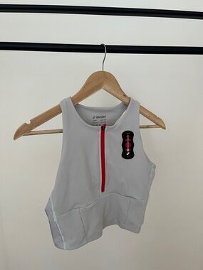 Limited Edition Cadence Zip Front Race Crop, White with Black - Bandit x ASICS